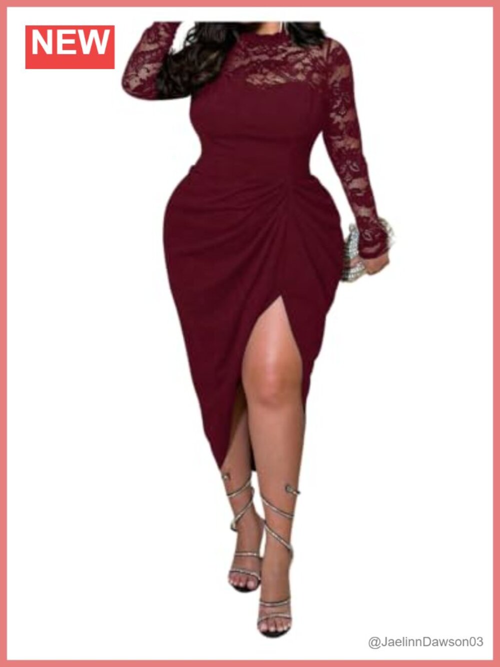 Plus Size Lace Long Sleeve Cocktail Midi Dress High Slit Ruched Party